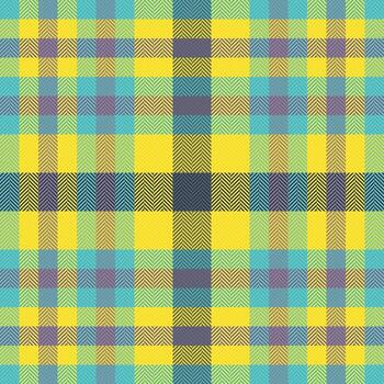 Custom fabric check textile, genuine plaid tartan pattern. Mockup background texture seamless in yellow and cyan colors. vector