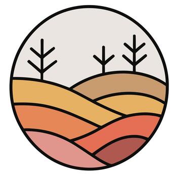 Abstract landscape featuring colorful rolling hills and stylized trees within a circular frame vector