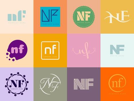 NF logo template. Letter n f logotype. Set different classic serif lettering and modern bold text with design elements. Initial font typography. vector
