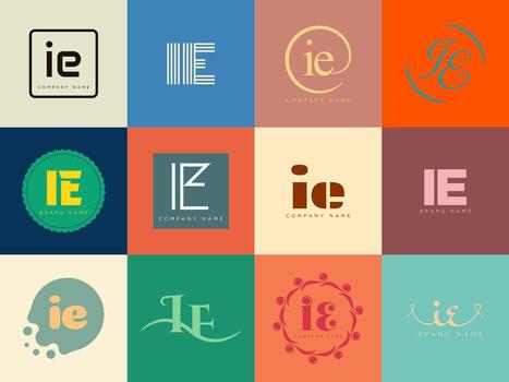 IE logo template. Letter i and e logotype. Set different classic serif lettering and modern bold text with design elements. Initial font typography. vector