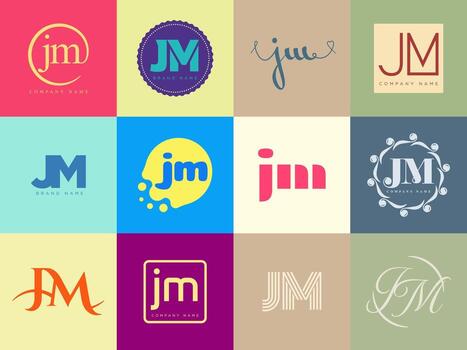 JM logo company template. Letter j and m logotype. Set different classic serif lettering and modern bold text with design elements. Initial font typography. vector
