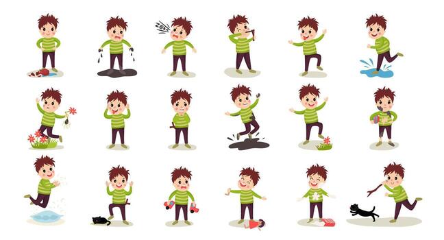 Naughty Little Boy with Bad Behavior Making Mess Around Sets vector
