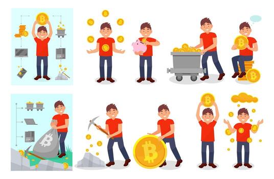 Bitcoin Mining with Man with Cryptocurrency Coin and Pickaxe Big Set vector