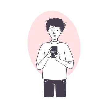 Man Blogger Character with Smartphone Communicating in Social Media Illustration vector