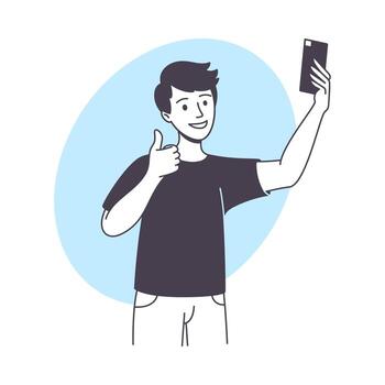 Man Blogger Character with Smartphone Showing Thumb Up Illustration vector