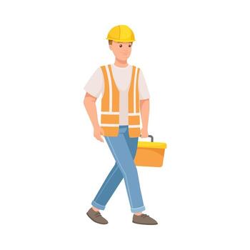 Man Builder Character in Hard Hat and Warnvest Walking with Toolbox Illustration vector