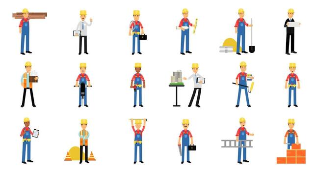 Man Professional Builder Character in Hard Hat and Overalls Working on Construction Site Set vector