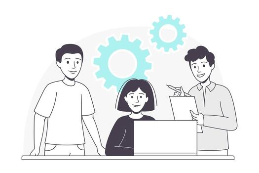 Man and Woman Business Character at Desk with Laptop Working with Data Illustration vector