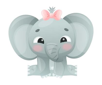 Funny Grey Elephant with Large Ear Flaps and Trunk Sitting with Bow on Its Head Illustration vector