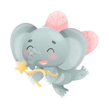 Funny Grey Elephant with Large Ear Flaps and Trunk Flying with Wings and Magic Wand Illustration vector