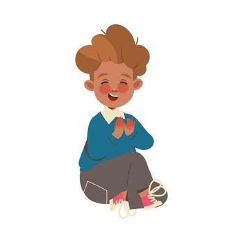 Laughing Boy First Grader Having Lesson Sitting and Clapping Hands Illustration vector