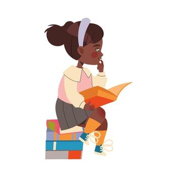Girl First Grader Having Lesson Sitting with Open Book and Thinking Illustration vector