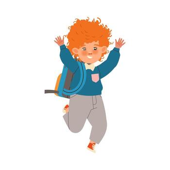Redhead Boy First Grader with Backpack Cheering and Having Fun Illustration vector