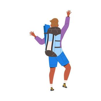Man Character with Backpack Standing with Raised Hands Engaged in Hiking in the Mountains Back View Illustration vector