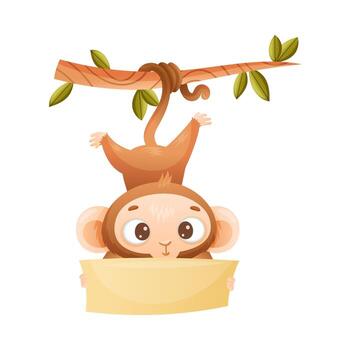 gracioso marrón mono con prensil cola colgando en árbol rama con vacío bandera ilustración vector