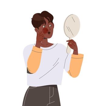 Man Character Suffering from Neurodermatitis Looking in the Mirror Having Redness of Skin on Face Illustration vector