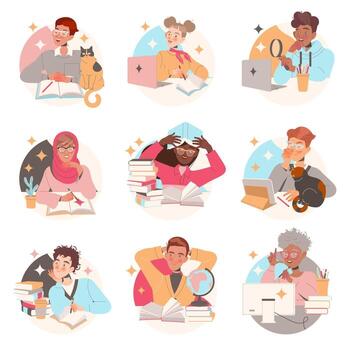 Learning People Character Sitting at Desk with Book and Laptop Studying and Gaining Knowledge Set vector