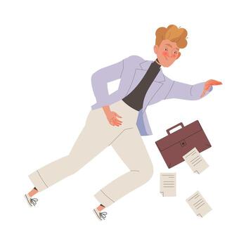 Man Character in Office Clothes with Paper and Briefcase Drowning Floating Trying to Escape Illustration vector