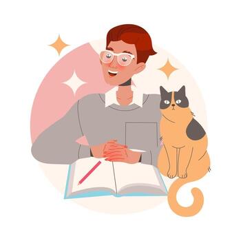 Clever Man Character in Glasses Learning Sitting at Desk with Open Book and Cat Pet Studying Illustration vector