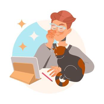 sonriente hombre personaje en lentes aprendizaje sentado a escritorio con tableta ordenador personal y gato mascota estudiando ilustración vector