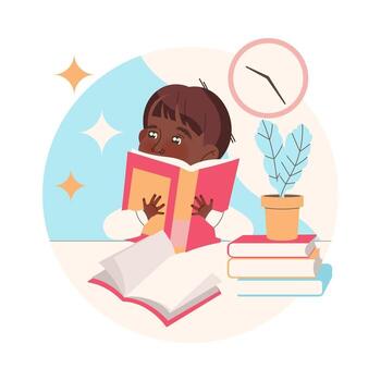 Clever Little Boy Character Learning Sitting at Desk with Open Book Studying Illustration vector