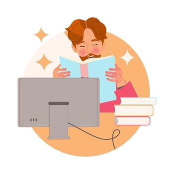 Bearded Man Character Learning Sitting at Desk at Computer and Reading Book Studying Illustration vector