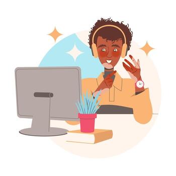 Man Character in Headphones Learning Sitting at Desk with Computer Studying Illustration vector