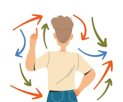 hombre personaje haciendo su propio elección elegir Derecha flecha y dirección ilustración vector