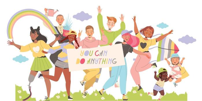 Group of Happy People Characters Sharing Positive Vibes with Rainbow and Placard Smiling and Cheering Illustration vector