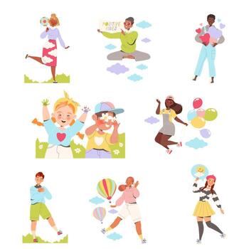 Happy People Characters Sharing Positive Vibes Smiling and Cheering Expressing Good Emotion Set vector