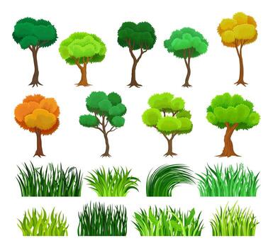Tree with Green Lush Crown and Trunk with Tall Grass Blades Big Set vector