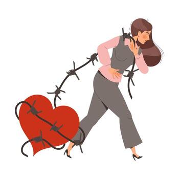 Relationship Problem with Woman Pulling Heart with Barbed Wire Suffering from Troubles in Relation Illustration vector