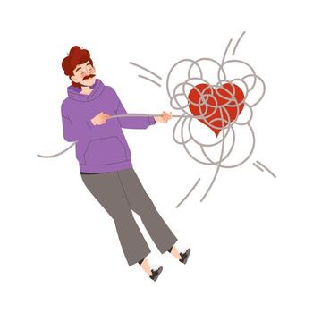 bigotudo hombre tracción enredado alrededor corazón cuerda teniendo relación problemas ilustración vector