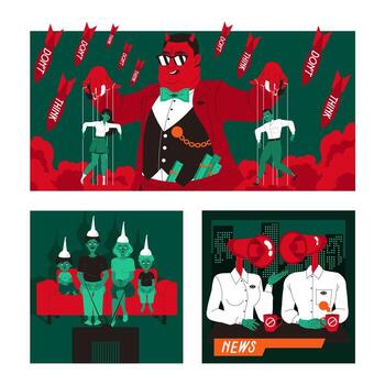 manipulación de personas con titiritero tracción instrumentos de cuerda de marioneta y zombificado familia acecho televisión Noticias conjunto vector