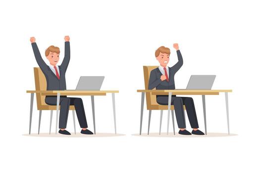 Office Man in Suit at Desk with Laptop Feeling Happy and Angry Engaged in Workflow Set vector