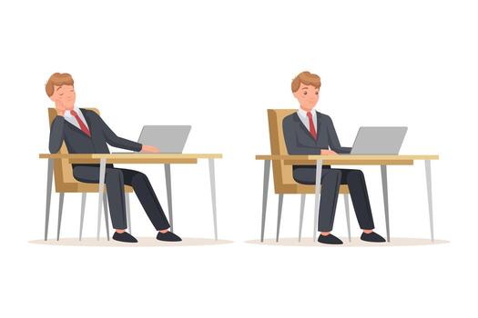 Office Man in Suit at Desk with Laptop Engaged in Workflow Set vector