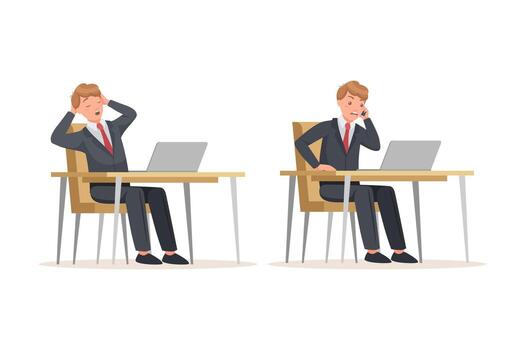 Office Man in Suit at Desk with Laptop Speaking by Phone and Yawning Engaged in Workflow Set vector