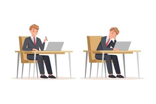 Office Man in Suit at Desk with Laptop Smiling and Feeling Sad Engaged in Workflow Set vector