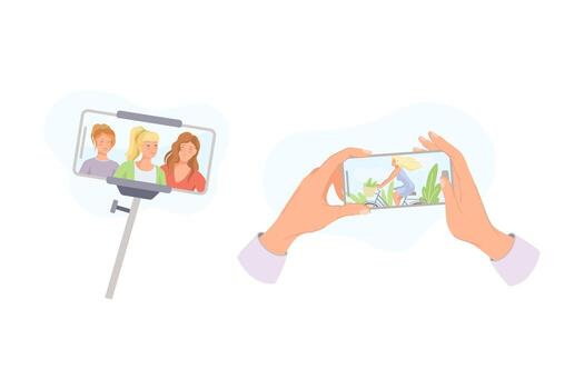 Smartphone with Hand and Selfie Stick Recording with Camera Filming Picture Set vector