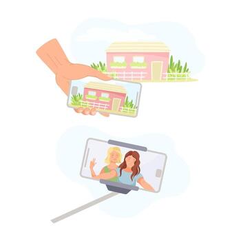 Smartphone with Hand and Selfie Stick Recording with Camera Filming Picture on Screen Set vector