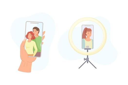 Hand Holding Smartphone and on Tripod Recording with Camera Filming Picture Set vector