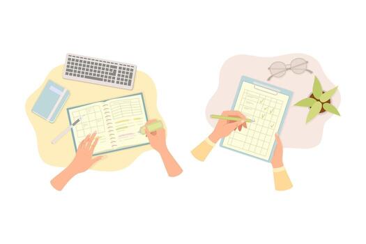 Human Hands Writing Something on Clipboard and in Notepad with Pencil and Highlighter Above View Set vector