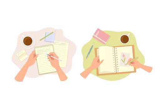 Hands Writing Something in Notepad and Drawing Flower in Sketchbook Above View Set vector