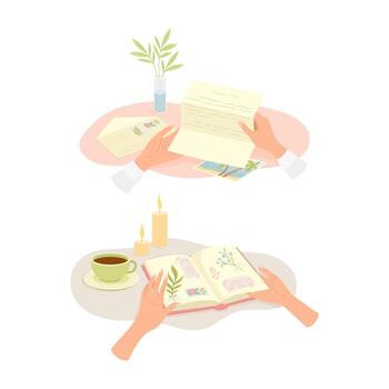 Hands with Open Diary or Notepad and Reading Letter Set vector