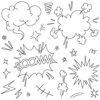 A collection of hand-drawn cartoon explosion expression marks doodles, smoke, arcs, clouds, emoticon effect design elements, cartoon character emotion symbols, cute decorative brush stroke lines. vector