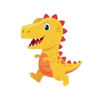 Cheerful yellow cartoon dinosaur with orange patterns and red spikes happily running, a friendly and playful character illustration for kids' projects vector