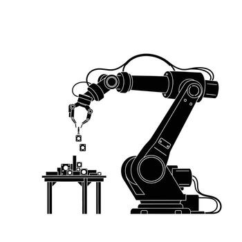 Industrial Robotic Arm Assembling Cubes on Table - Automation, Manufacturing, Technology, smart factory vector