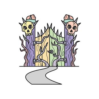 Spooky Skull Gate with Twisted Branches and Path - Fantasy Entrance, forbidden vector