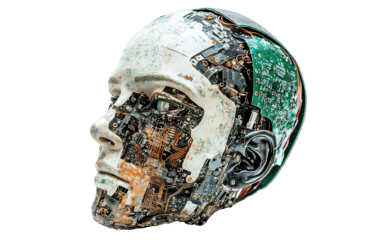 A robotic head featuring intricate electronic components and circuitry, blending artificial intelligence with human-like features. png