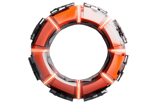 uma circular objeto apresentando segmentado, brilhando elementos dentro vibrante vermelho, criando uma futurista e tecnológica aparência. png